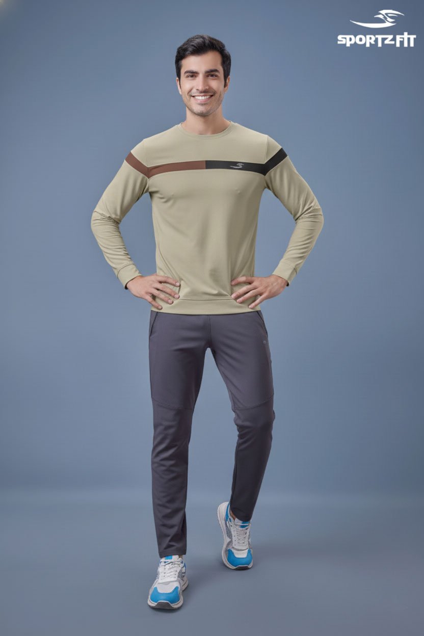 Men Round Neck Full Sleeve T-Shirt  | Light Beige | M |  SBT59